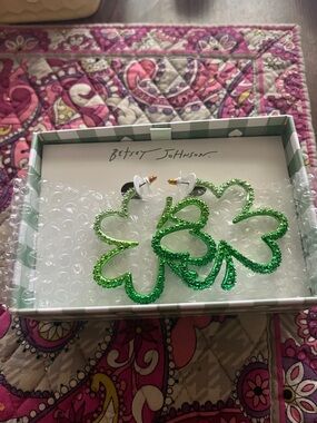 Betsey Johnson Glitter Green Shamrock Hoop Earrings
